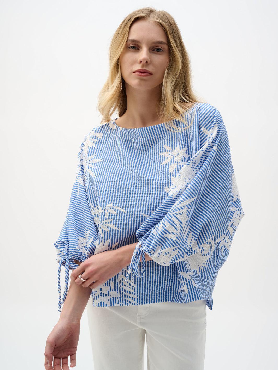 Joseph Ribkoff Striped Top With Puff Sleeves In Blue/Vanilla