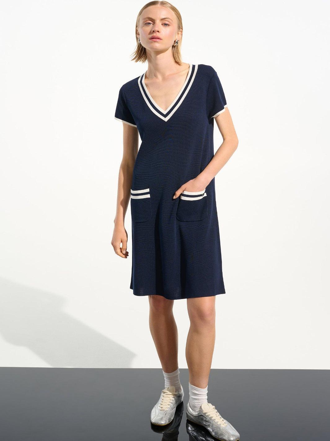 Joseph Ribkoff V-neck Shift Dress In Indigo/Vanilla 261648  Nicola Ross