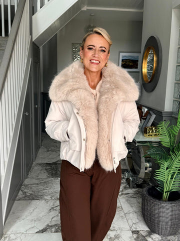 Kate & Pippa Aspen Detachable Fur Collar Jacket In Beige-Nicola Ross