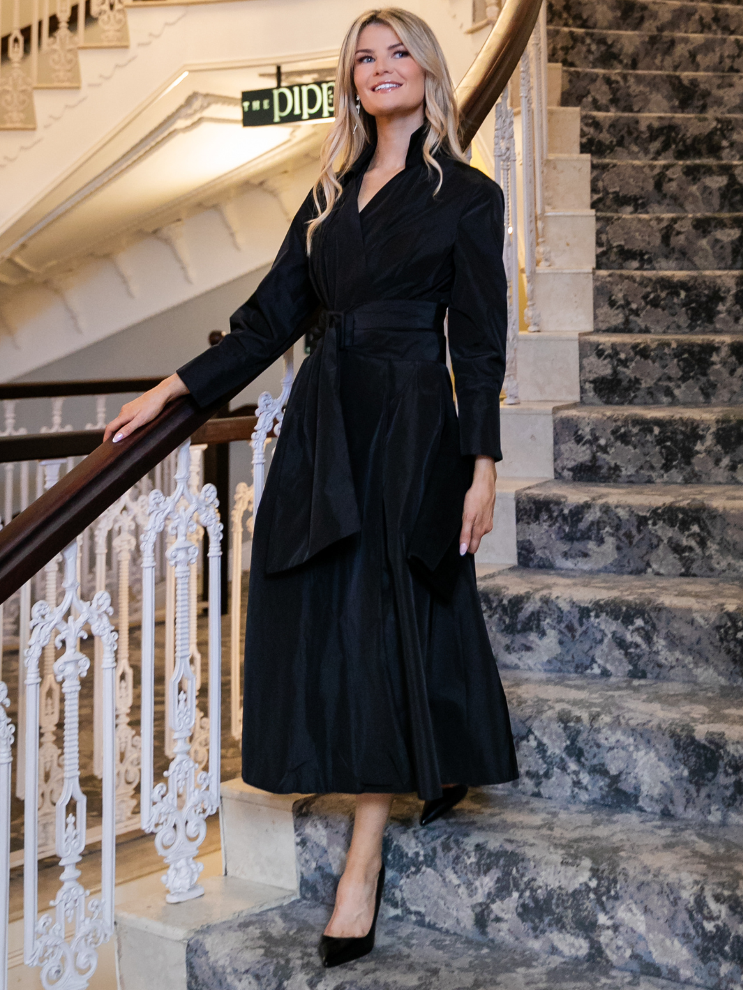 Kate & Pippa Penelope Taffeta Midi Dress In Black-Nicola Ross