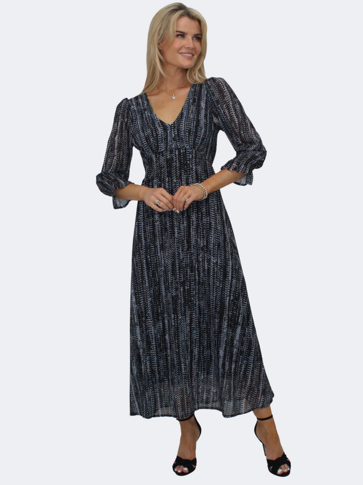 Kate & Pippa Streasa Midi Dress In Black / Grey Print-Nicola Ross
