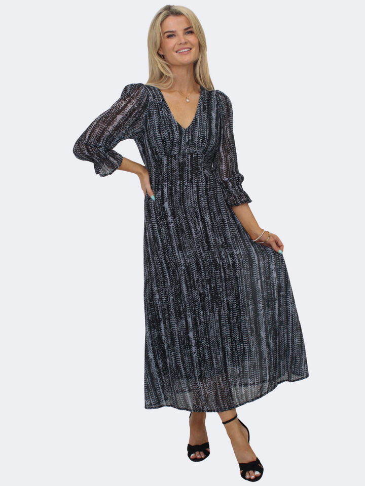 Kate & Pippa Streasa Midi Dress In Black / Grey Print-Nicola Ross