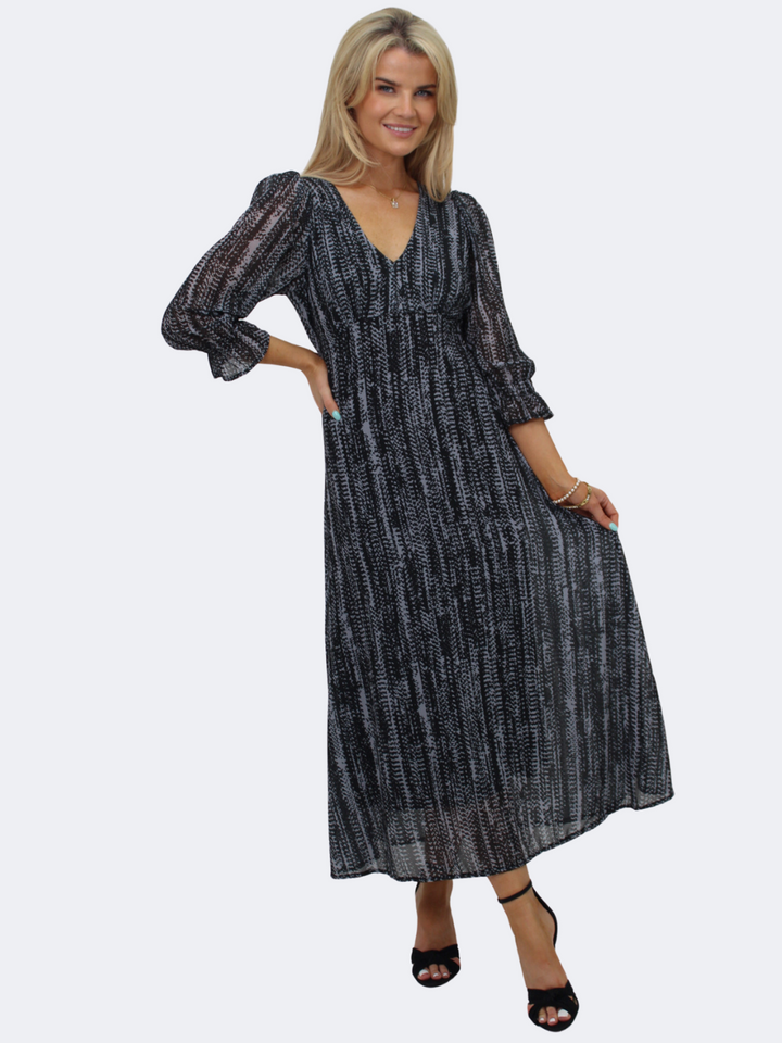 Kate & Pippa Streasa Midi Dress In Black / Grey Print-Nicola Ross