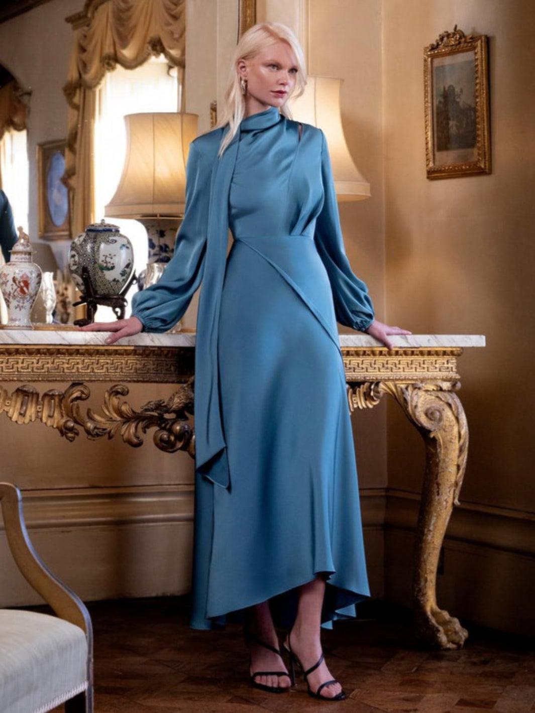 Maisonel Satin Midi Dress In Teal ME3070-Mother of the bride- mother of the groom -Nicola Ross
