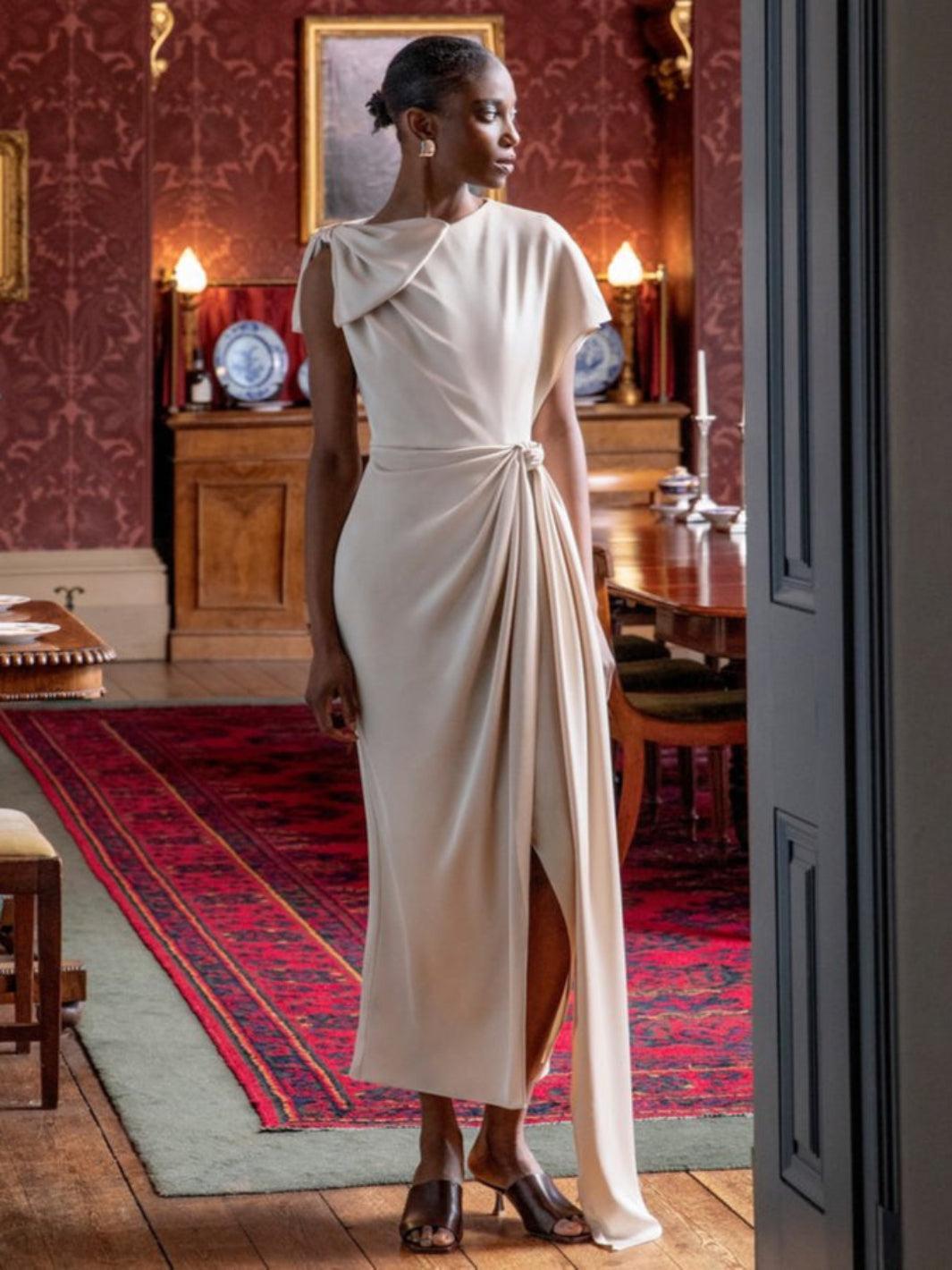 Maisonel Satin Wrap Dress In Latte ME3024-Mother of the bride- mother of the groom -Nicola Ross