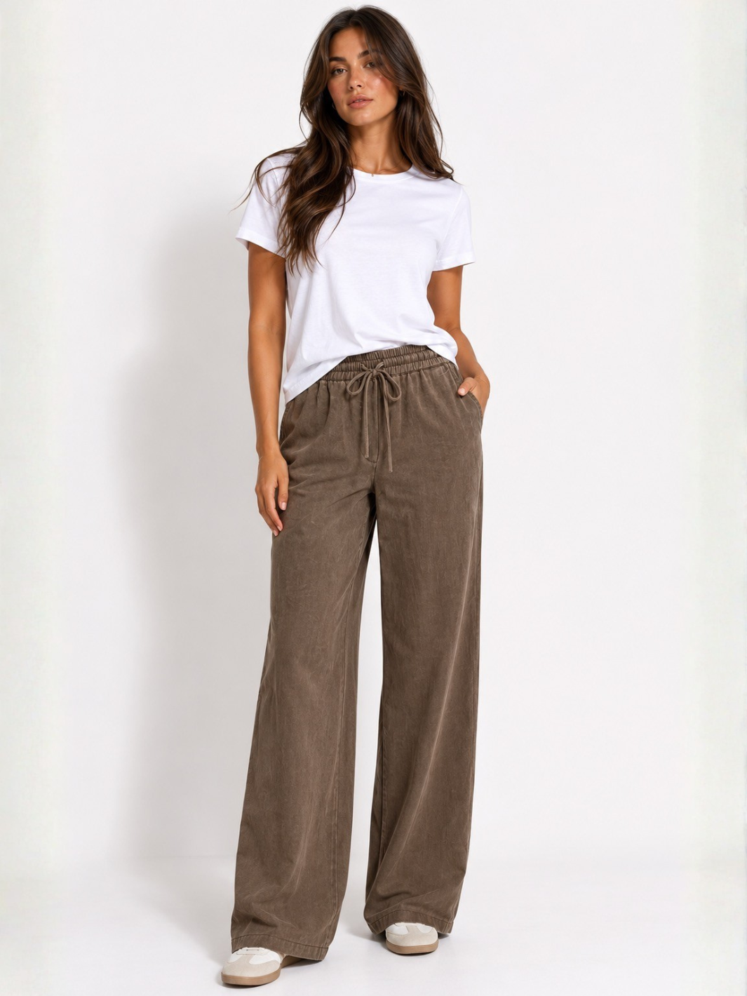 Yaya Woven Wide Leg Trousers In Brown 301261