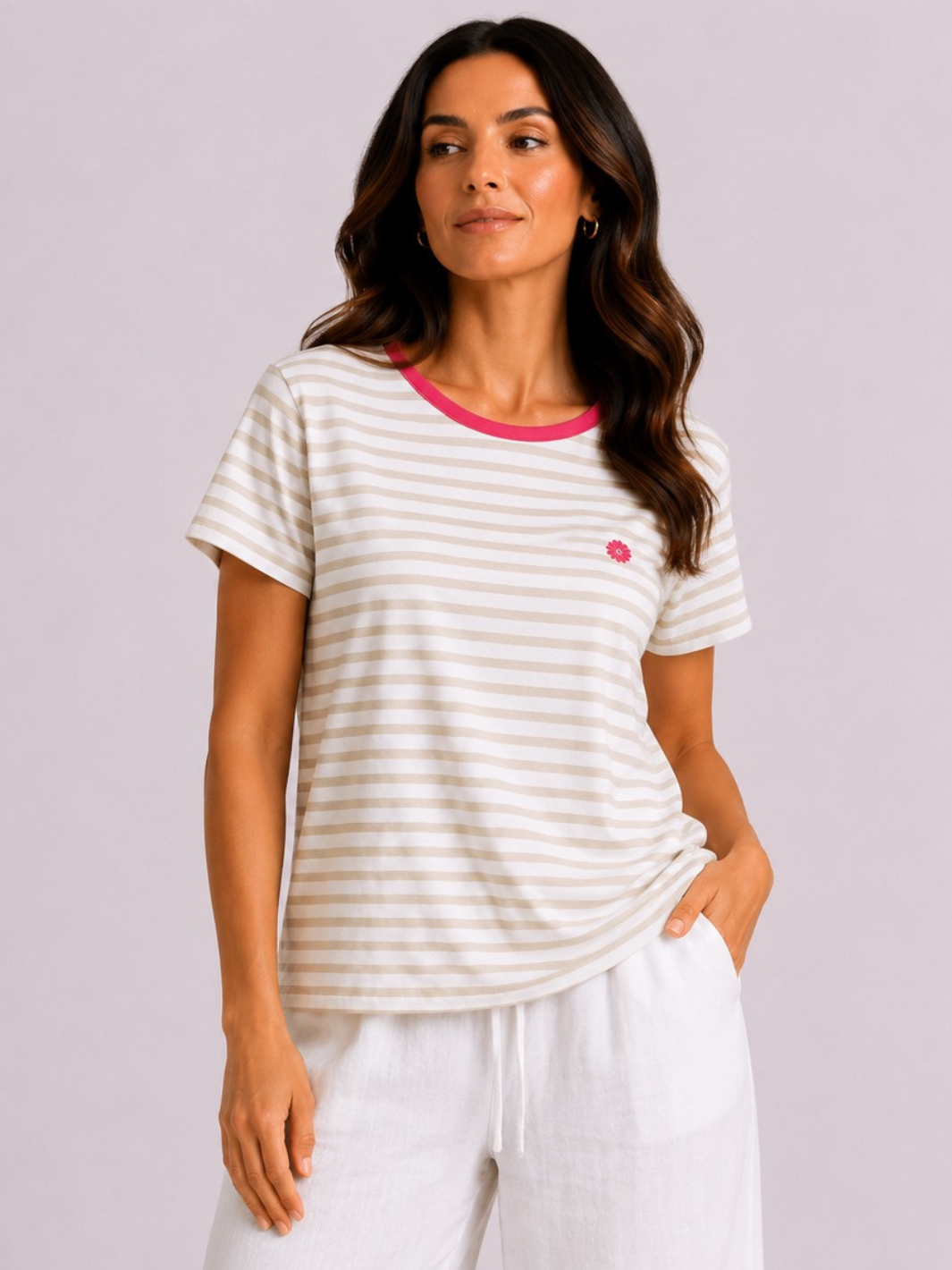 Freequent Striped T-Shirt In Beige / Pink 208014