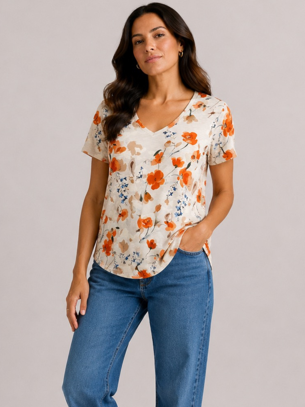 Freequent V Neck Top In Beige / Orange 208361