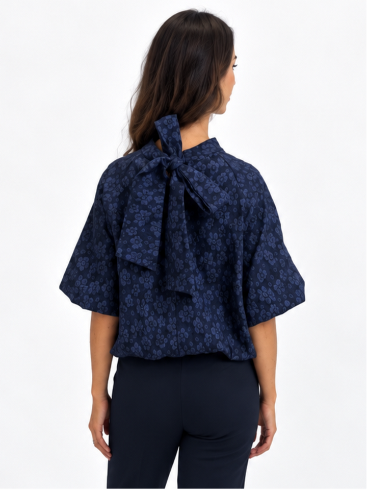 Kate & Pippa Ava Jacquard Bow Top In Navy
