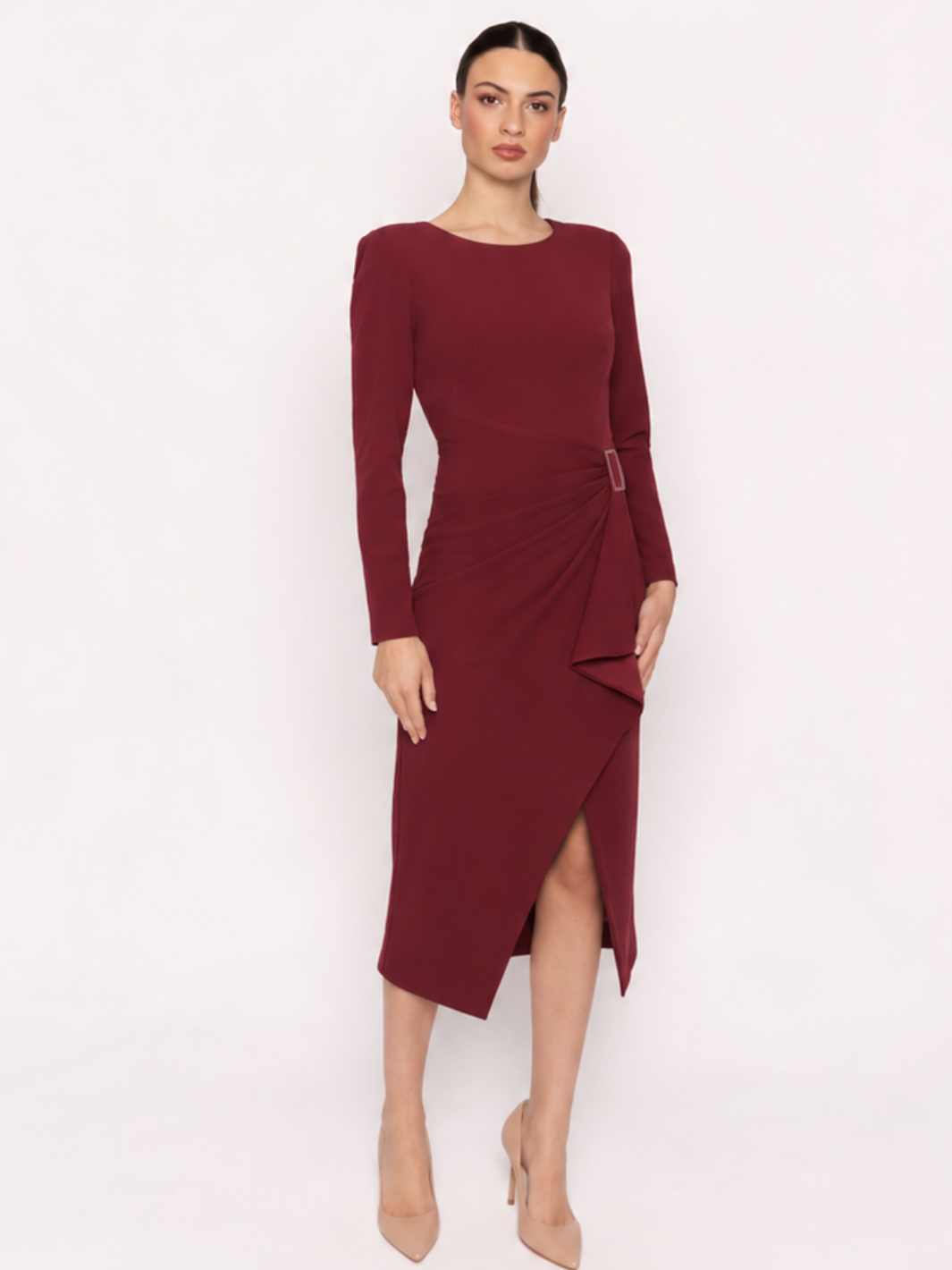 Arggido Midi Dress In Burgundy 21064-Occasion Wear-Guest of the wedding-Nicola Ross