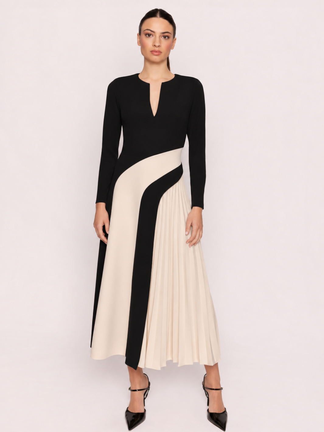 Arggido Pleated Midi Dress In Black/Cream 21061-Occasion Wear-Guest of the wedding-Nicola Ross