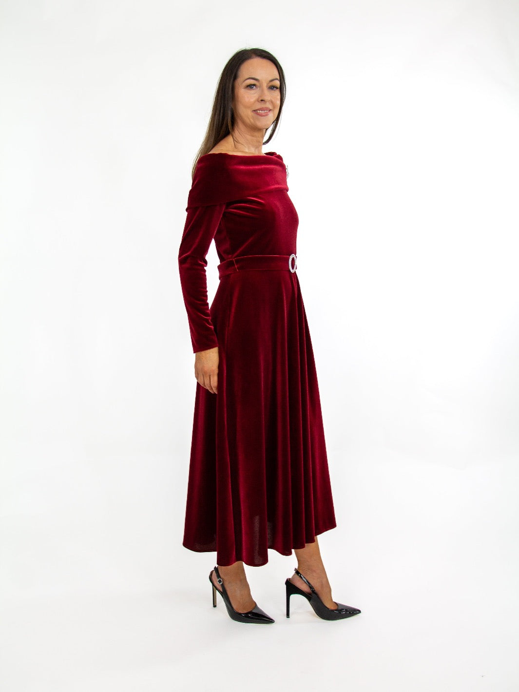 Claudia C Carlota Velvet Dress In Burgundy-Occasion Wear-Guest of the wedding-Nicola Ross