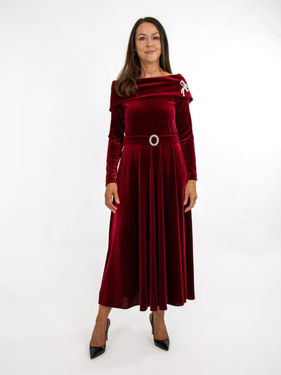 Claudia C Carlota Velvet Dress In Burgundy-Occasion Wear-Guest of the wedding-Nicola Ross