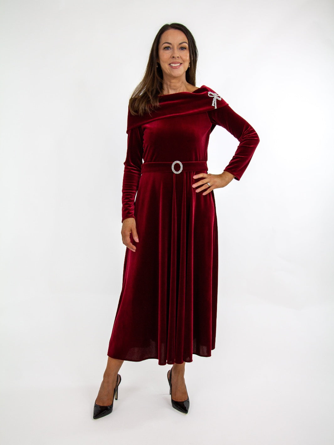 Claudia C Carlota Velvet Dress In Burgundy-Occasion Wear-Guest of the wedding-Nicola Ross