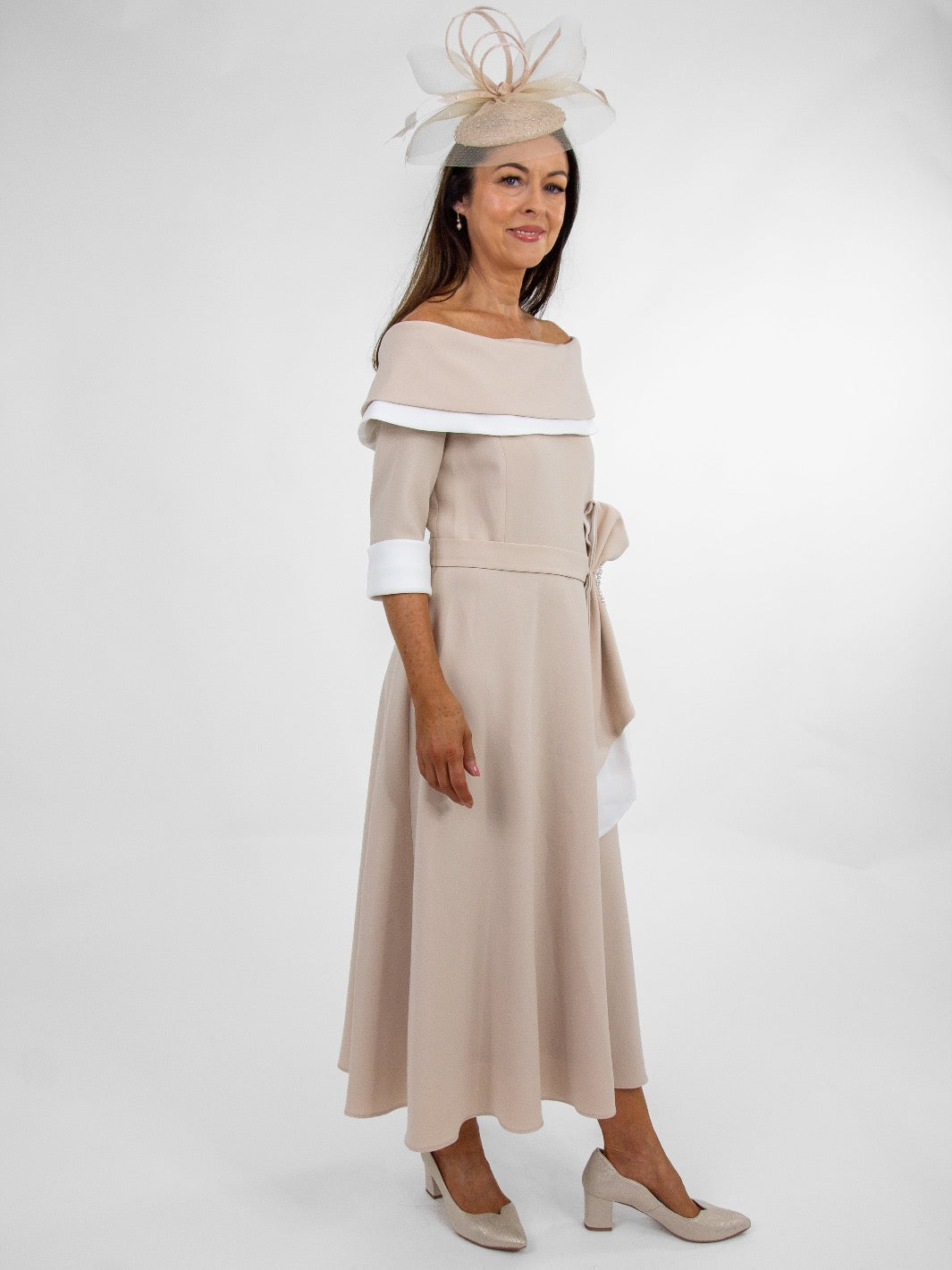 Claudia C Sylvia Dress In Beige / White-Occasion Wear-Guest of the wedding-Nicola Ross