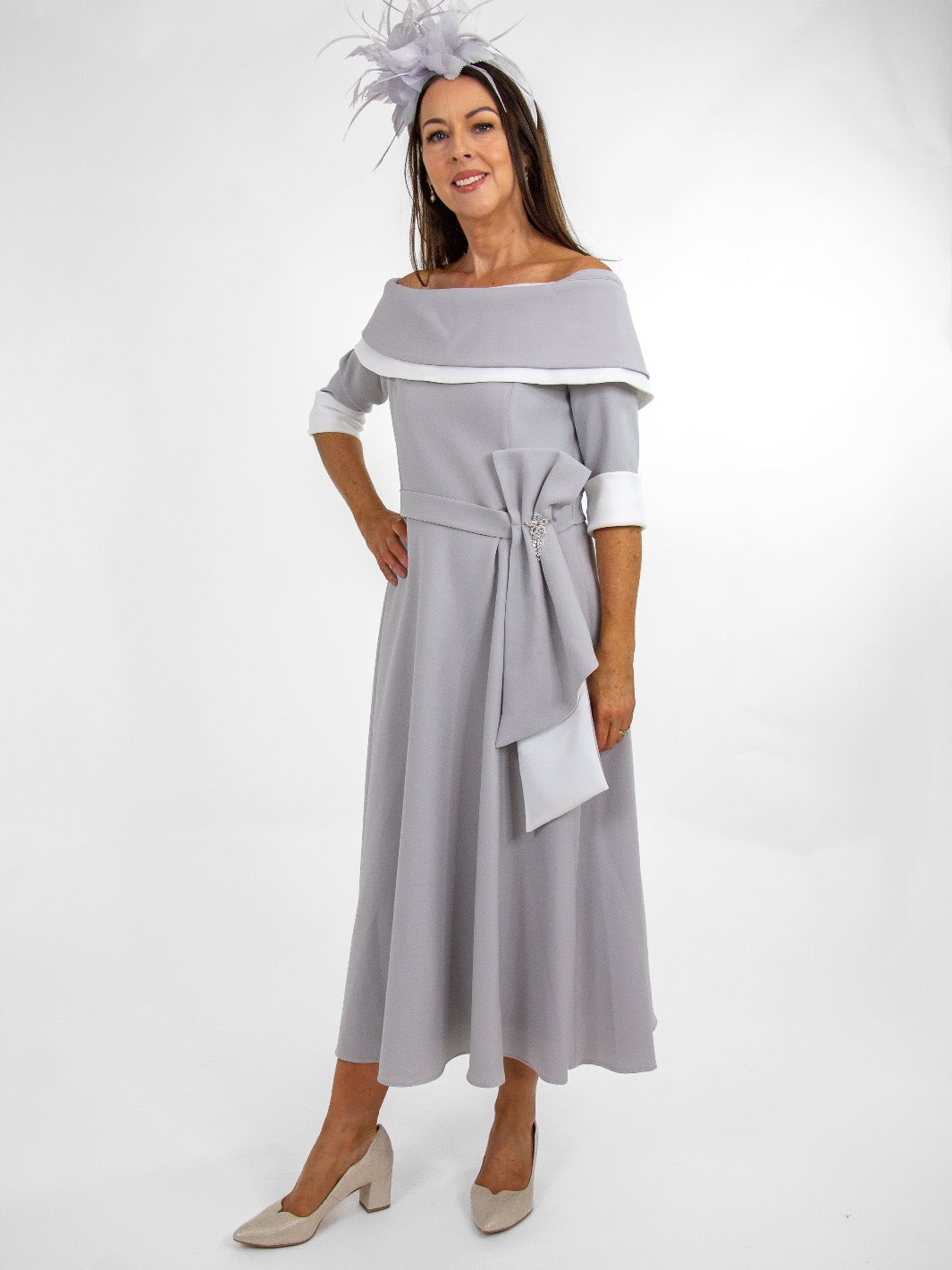 Claudia C Sylvia Dress In Grey / White-Occasion Wear-Guest of the wedding-Nicola Ross