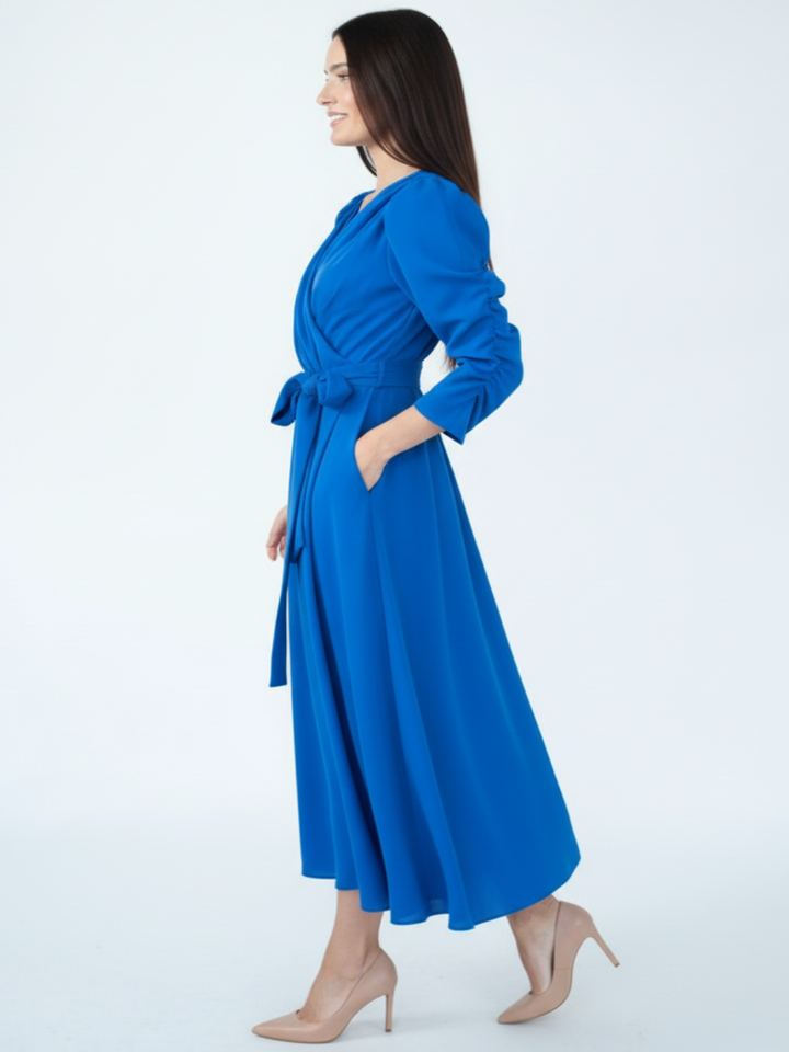 Coco Doll Wrap Midi Dress In Blue CD51-Occasion Wear-Guest of the wedding-Nicola Ross