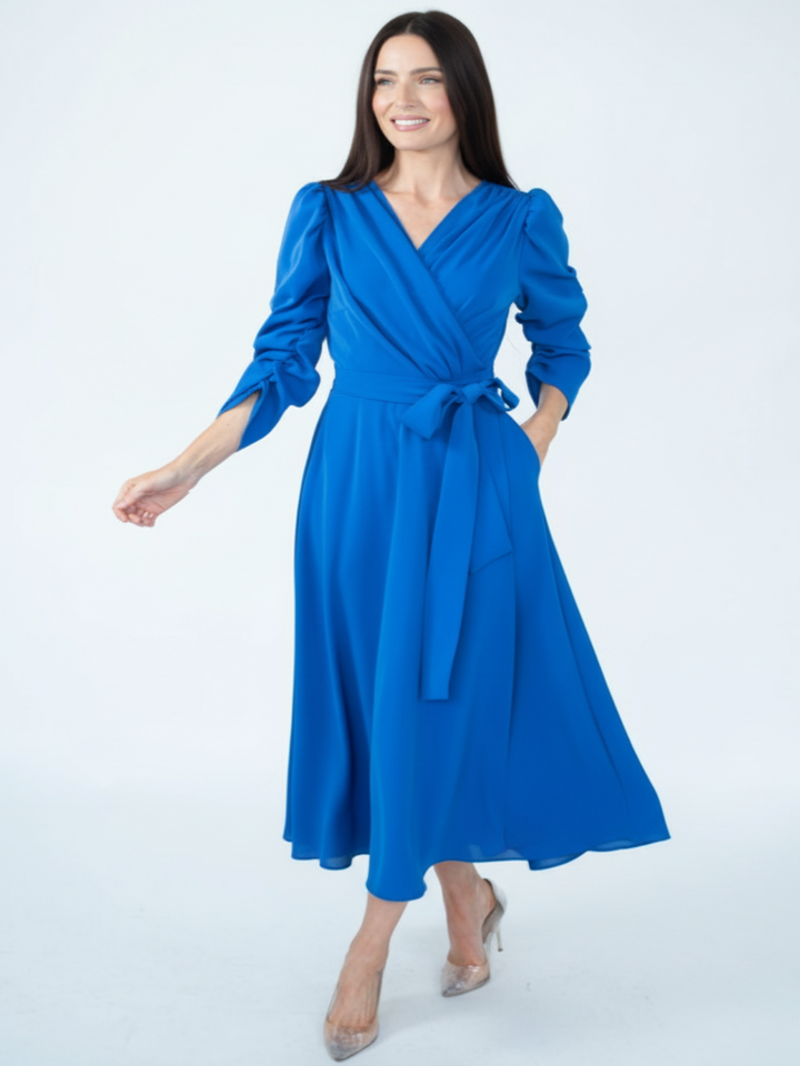 Coco Doll Wrap Midi Dress In Blue CD51-Occasion Wear-Guest of the wedding-Nicola Ross