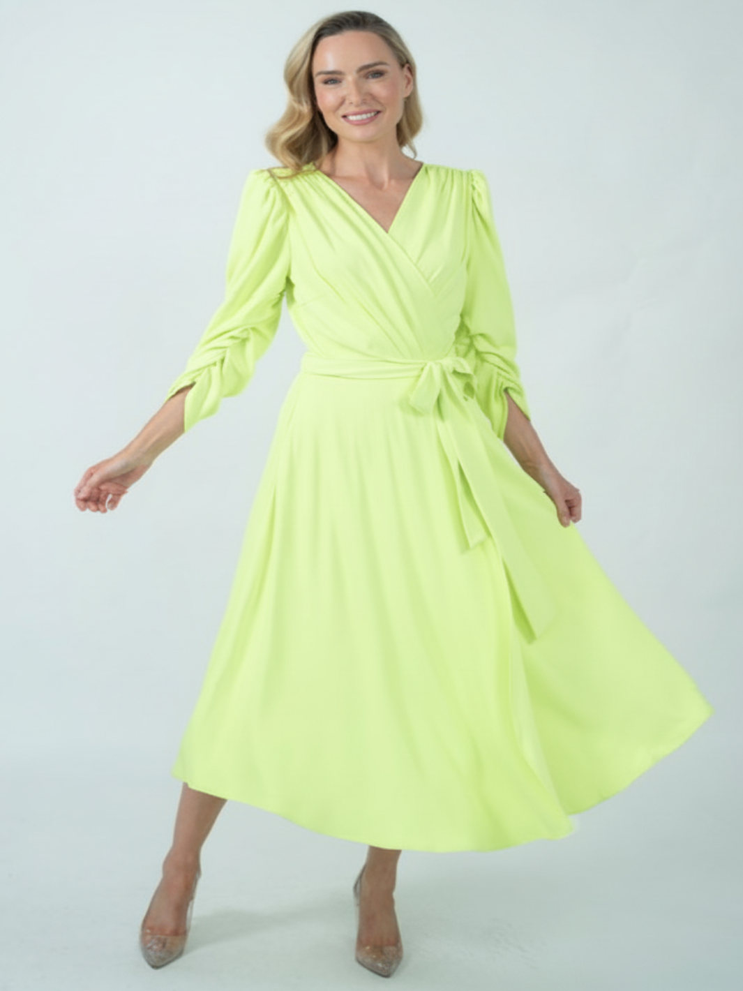 Coco Doll Wrap Midi Dress In Lime CD50-Occasion Wear-Guest of the wedding-Nicola Ross