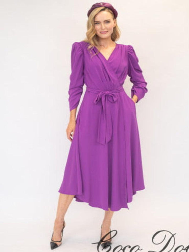 Coco Doll Wrap Midi Dress In Purple CD10-Occasion Wear-Guest of the wedding-Nicola Ross