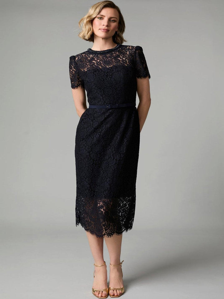 Fee G Annabelle Lace Midi Dress In Navy 885B/147-Occasion Wear-Guest of the wedding-Nicola Ross