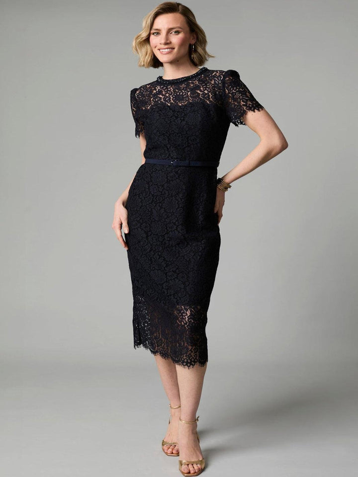 Fee G Annabelle Lace Midi Dress In Navy 885B/147-Occasion Wear-Guest of the wedding-Nicola Ross