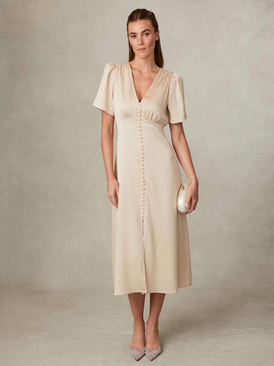 Fee G Chrissie Midi Dress In Gold 831Y/57-Occasion Wear-Guest of the wedding-Nicola Ross