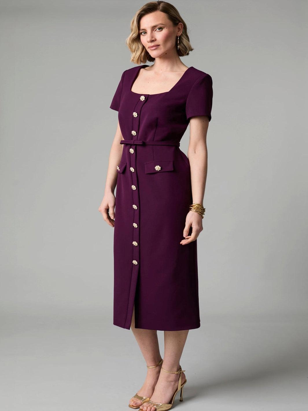Fee G Felicity Tailored Midi Dress In Plum 893B/61-Occasion Wear-Guest of the wedding-Nicola Ross