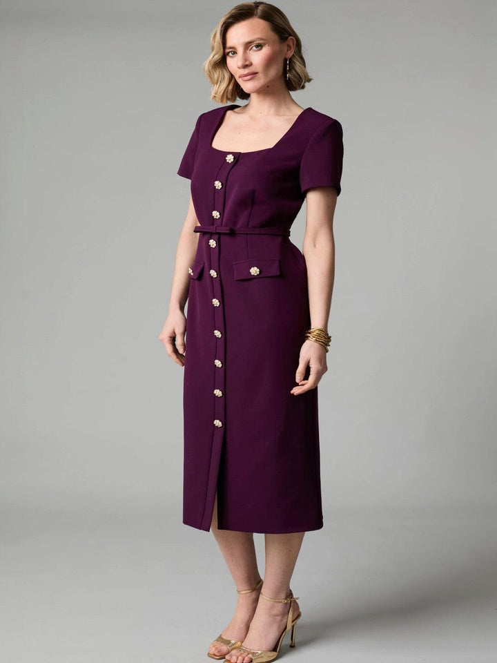Fee G Felicity Tailored Midi Dress In Plum 893B/61-Occasion Wear-Guest of the wedding-Nicola Ross