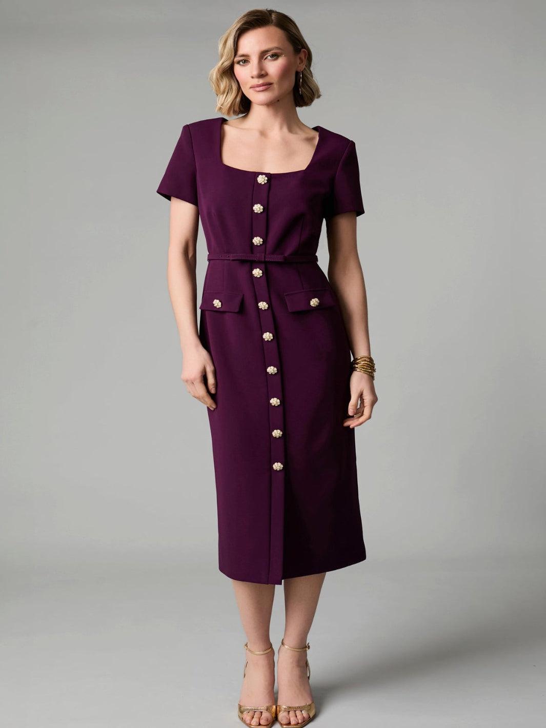 Fee G Felicity Tailored Midi Dress In Plum 893B/61-Occasion Wear-Guest of the wedding-Nicola Ross