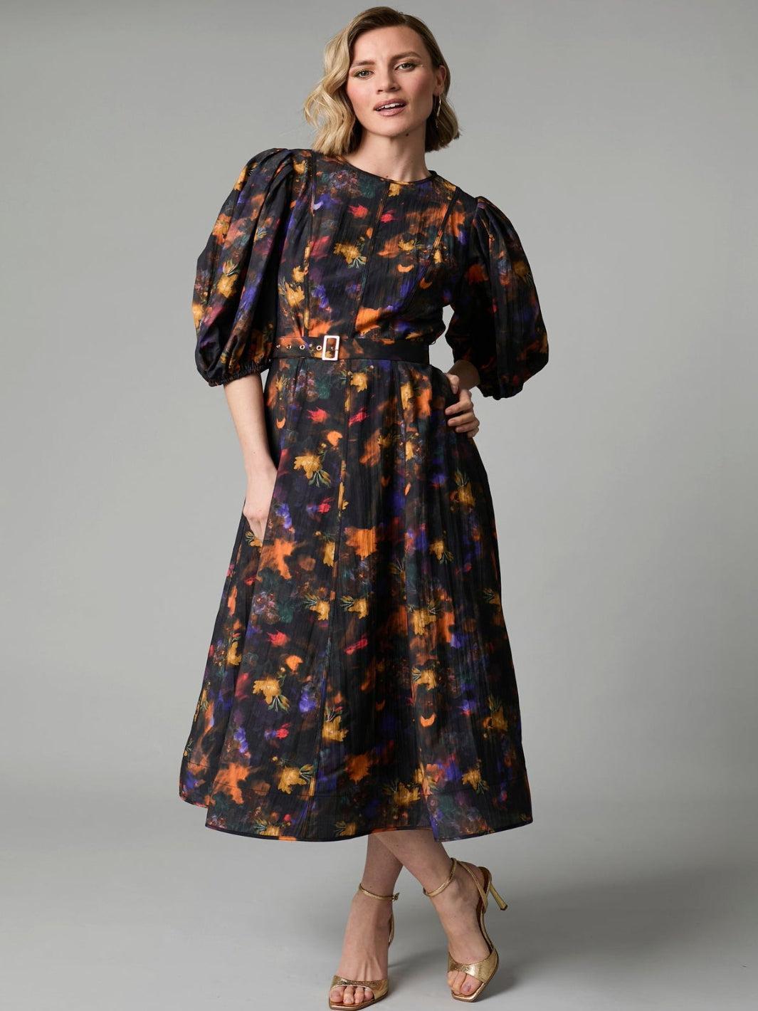 Fee G Kate Midi Dress In Green Floral 883B/144-Occasion Wear-Guest of the wedding-Nicola Ross