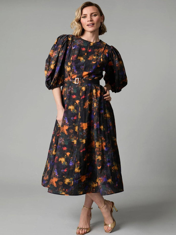 Fee G Kate Midi Dress In Green Floral 883B/144-Occasion Wear-Guest of the wedding-Nicola Ross