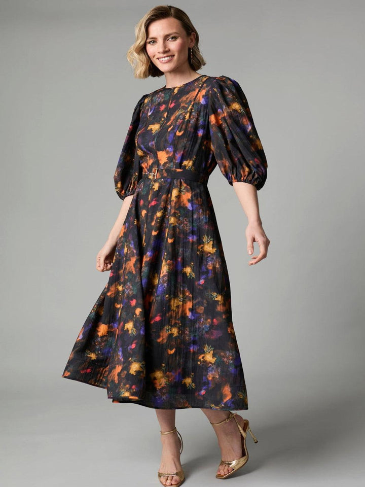 Fee G Kate Midi Dress In Green Floral 883B/144-Occasion Wear-Guest of the wedding-Nicola Ross