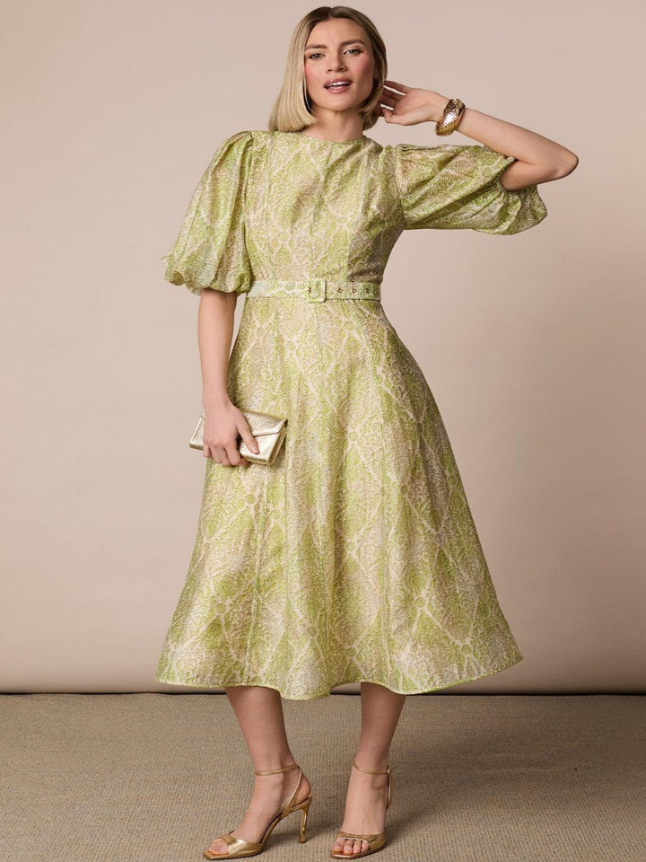 Fee G Kate Midi Dress In Green Print 883B/143-Occasion Wear-Guest of the wedding-Nicola Ross