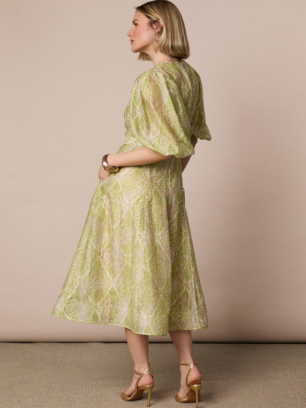 Fee G Kate Midi Dress In Green Print 883B/143-Occasion Wear-Guest of the wedding-Nicola Ross