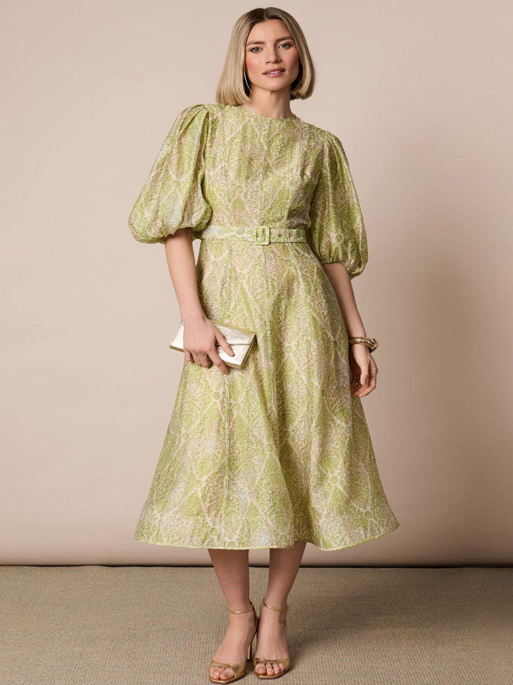 Fee G Kate Midi Dress In Green Print 883B/143-Occasion Wear-Guest of the wedding-Nicola Ross
