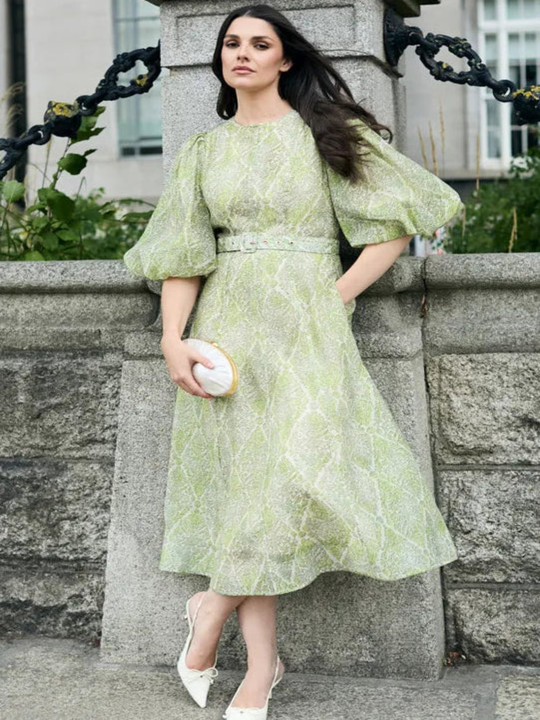 Fee G Kate Midi Dress In Green Print 883B/143-Occasion Wear-Guest of the wedding-Nicola Ross