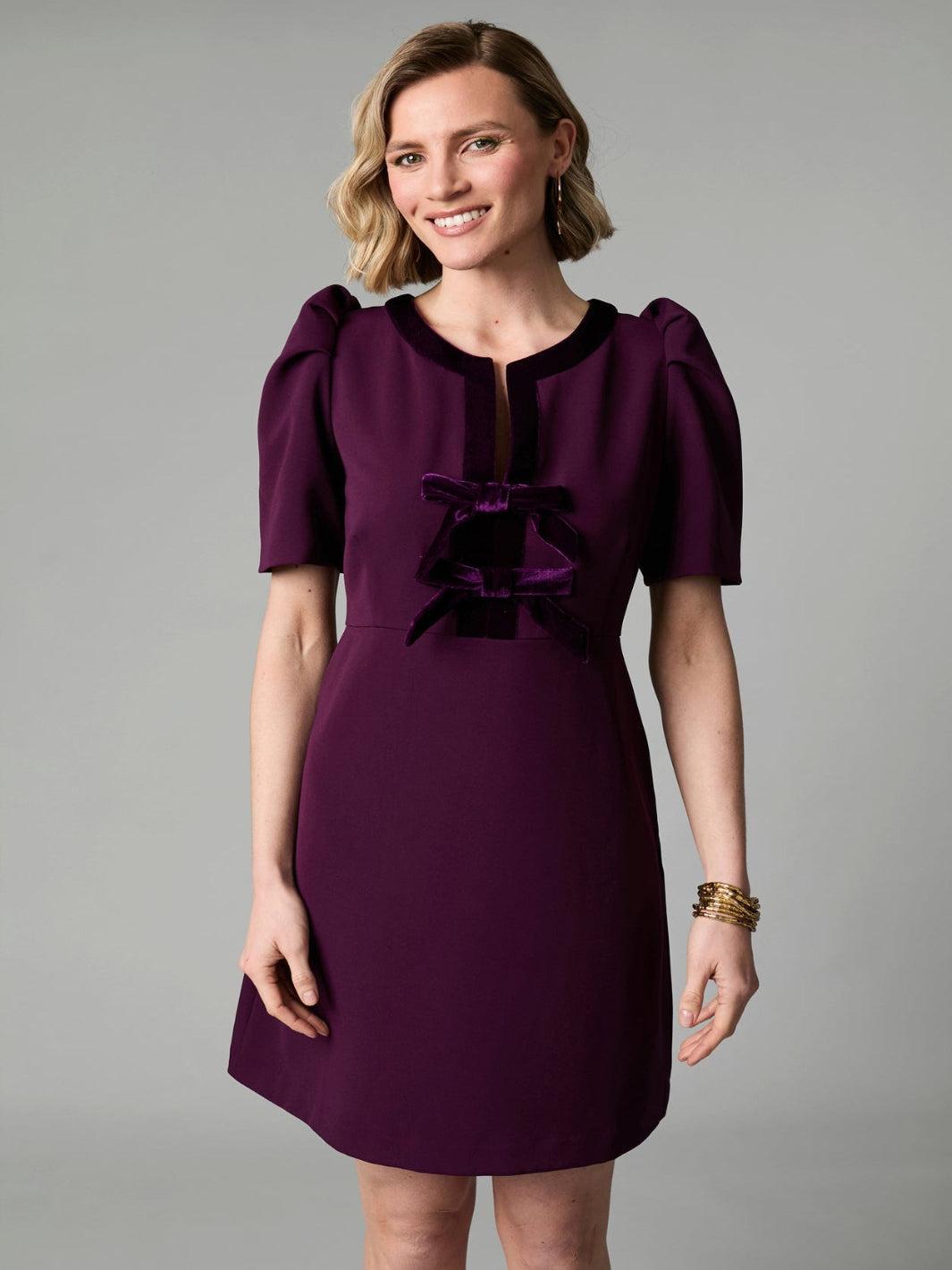 Fee G Sara Velvet Mini Dress In Plum 895Y/61-Occasion Wear-Guest of the wedding-Nicola Ross