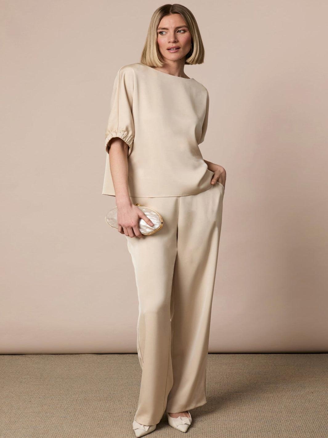Fee G Soft Satin Trousers In Champagne 436B/141-Occasion Wear-Guest of the wedding-Nicola Ross