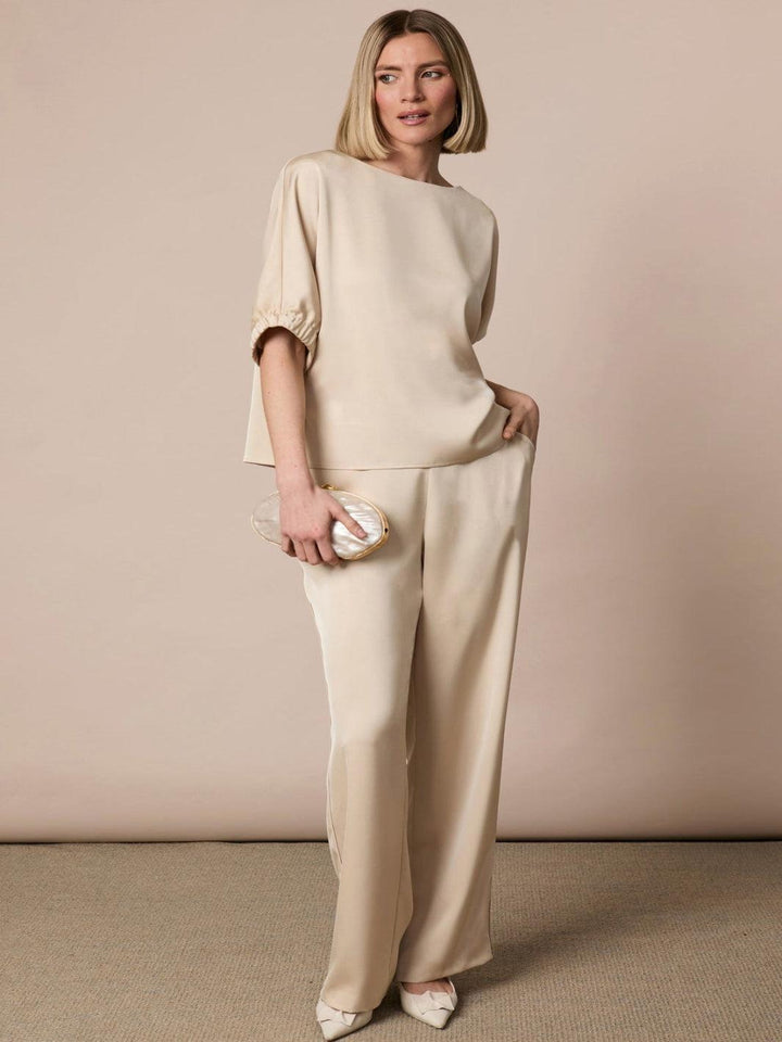 Fee G Soft Satin Trousers In Champagne 436B/141-Occasion Wear-Guest of the wedding-Nicola Ross