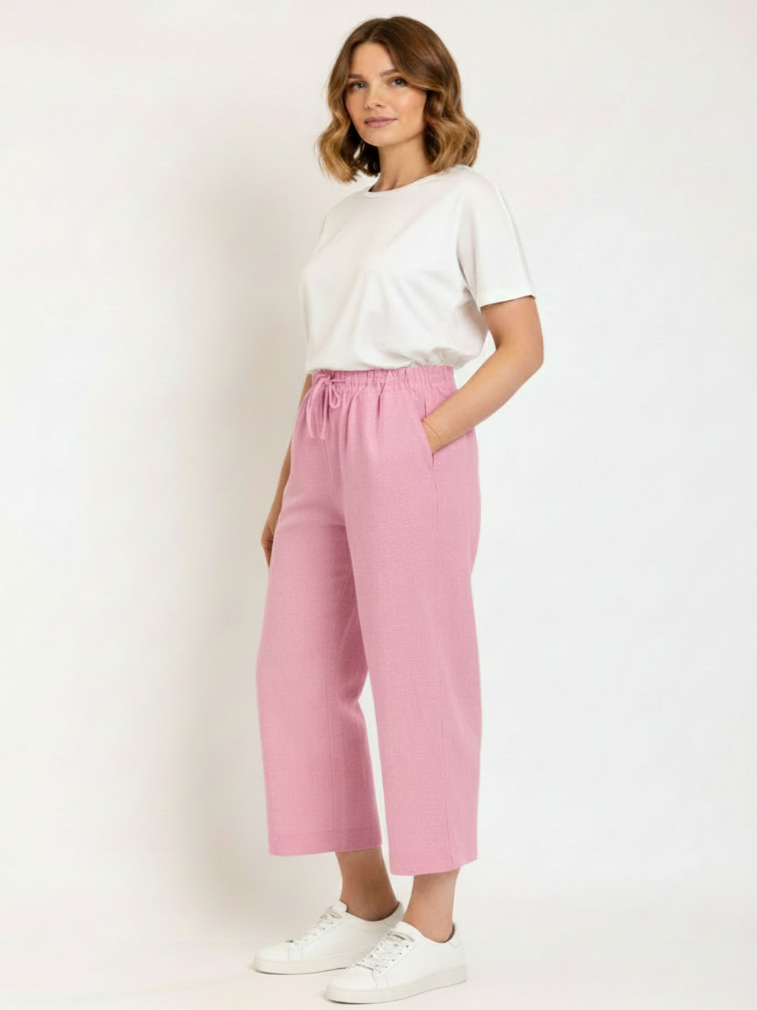 Freequent 7/8 Linen Trousers In Pink 122504-Nicola Ross