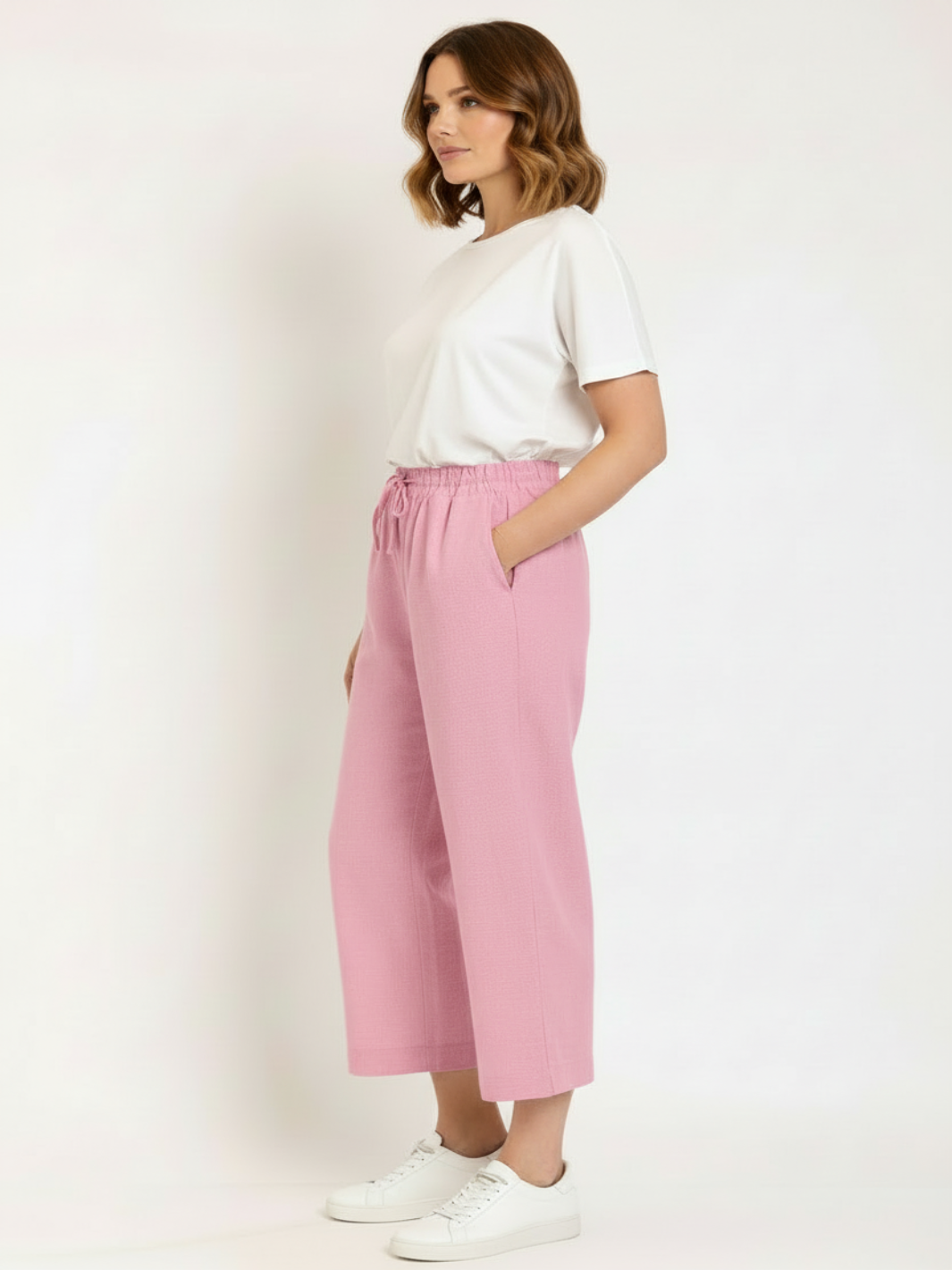 Freequent 7/8 Linen Trousers In Pink 122504-Nicola Ross