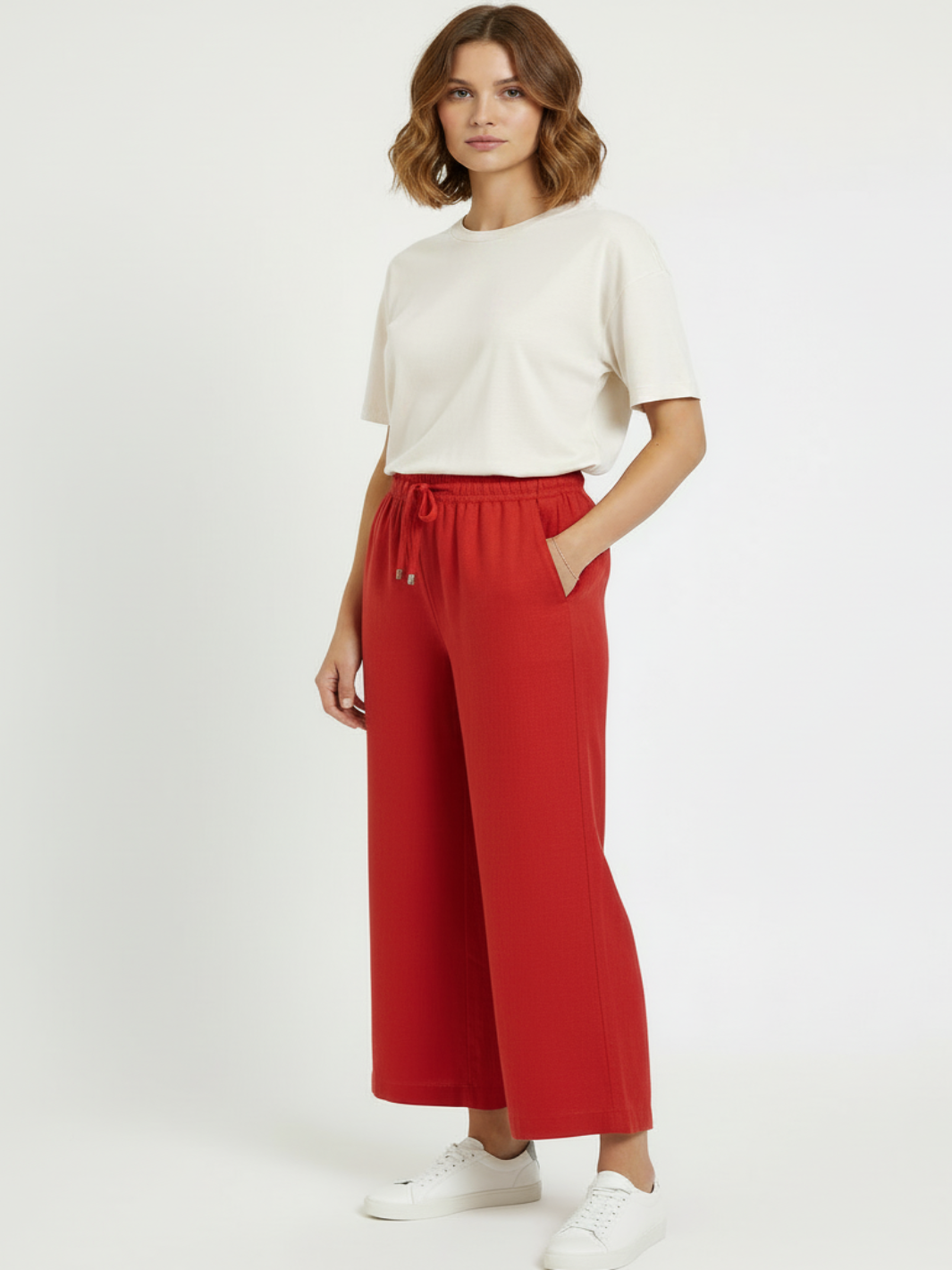 Freequent 7/8 Linen Trousers In Red 122504-Nicola Ross