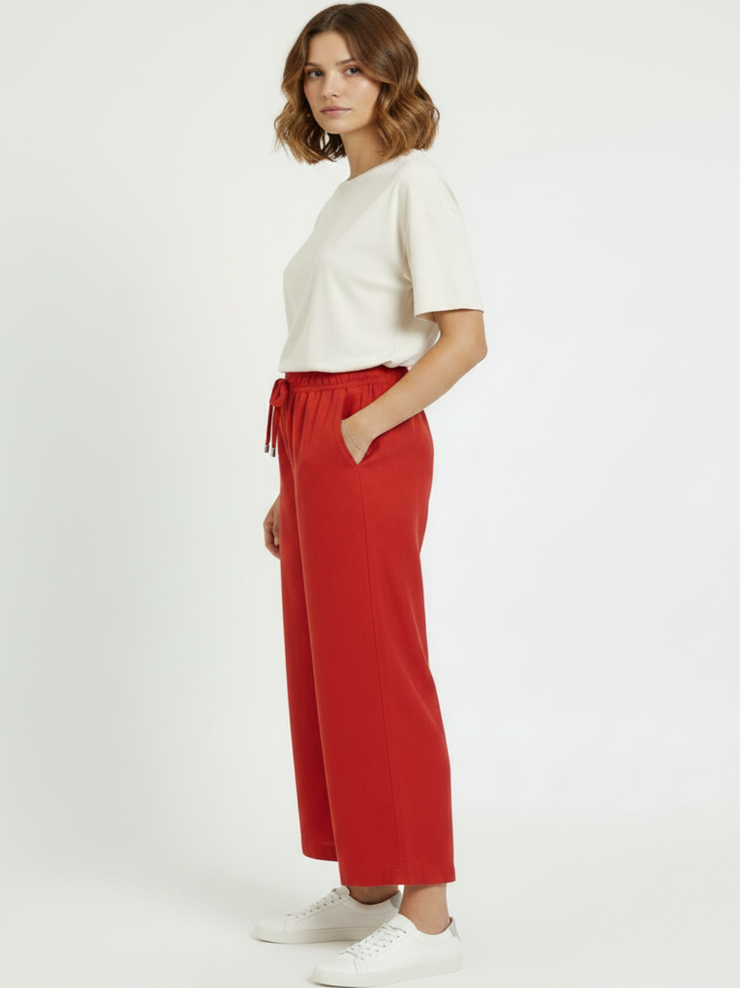 Freequent 7/8 Linen Trousers In Red 122504-Nicola Ross