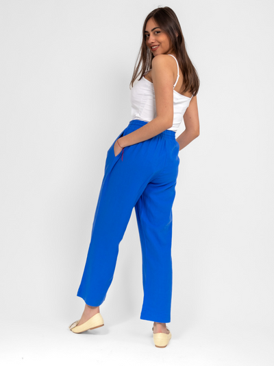 Freequent Linen Ankle-Lenght Trousers In Blue-Nicola Ross