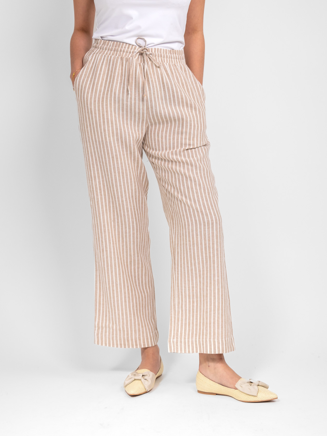 Freequent Linen Trousers In Beige Stripes-Nicola Ross