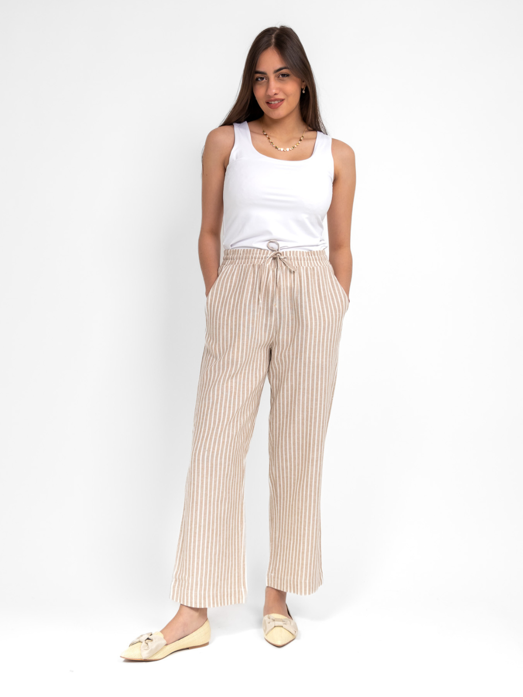 Freequent Linen Trousers In Beige Stripes-Nicola Ross
