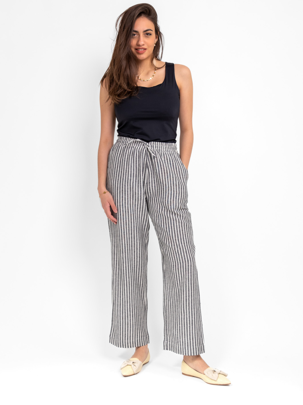 Freequent Linen Trousers In Black Stripes-Nicola Ross