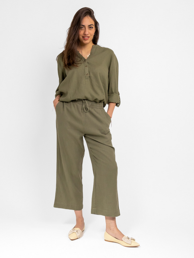 Freequent Linen Trousers In Khaki-Nicola Ross