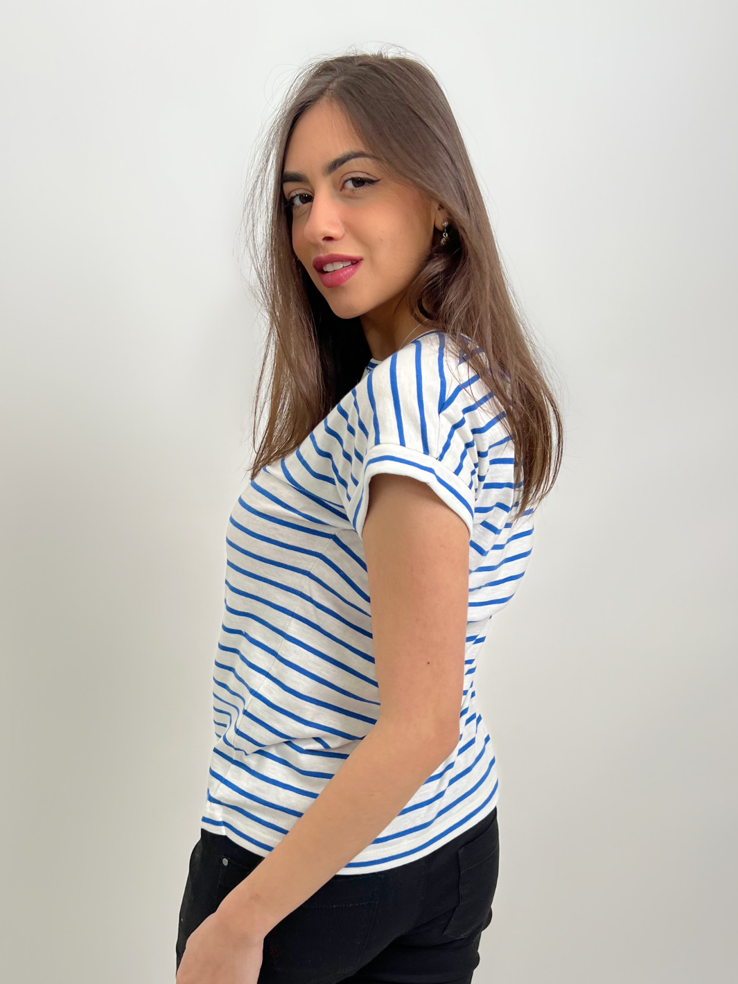 Freequent top blue stripe short sleeves